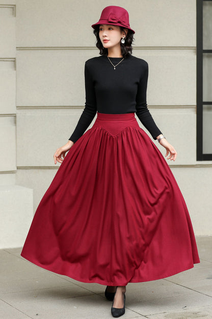 Burgundy Wool Maxi Skirt - Handmade High-Waisted Pleated 6420