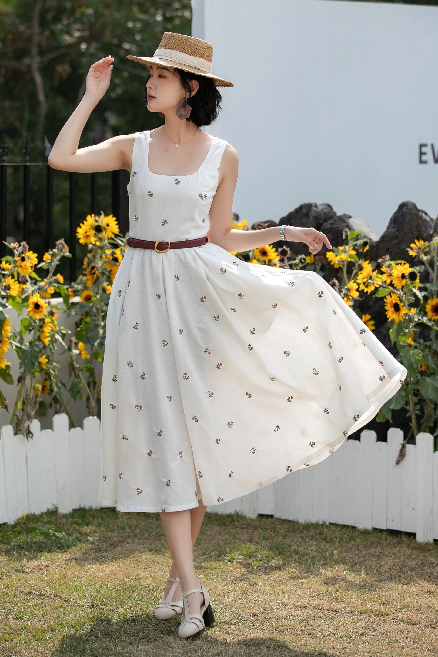 Flowy Linen Midi Dress: Square Neck Sleeveless A-Line Summer Dress 6685