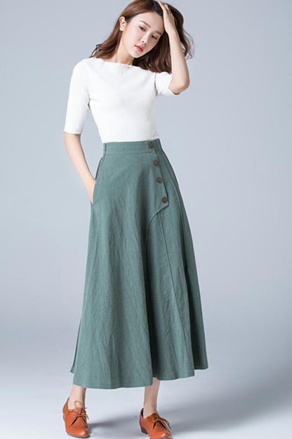 Green Linen Maxi Skirt - A-Line with Button Detail 1775