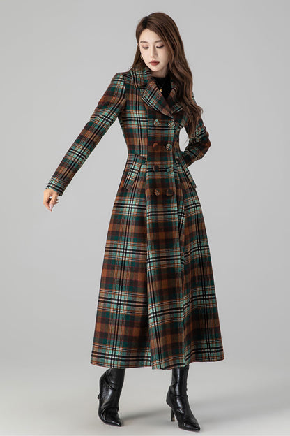 Women’s Wool Fit-and-Flare Long Coat – Double-Breasted Plaid 4510