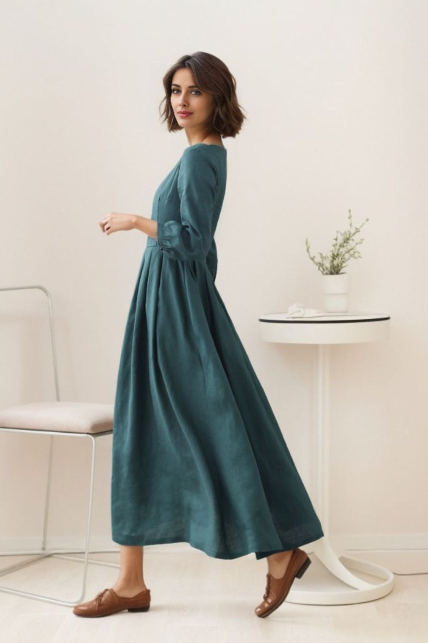 Green Linen Maxi Swing Dress - Flowy A-Line Design 5513