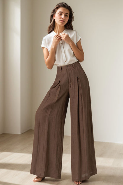 Brown Linen Wide-Leg Pants - High Waist Pleated Pockets | Xiaolizi 5125