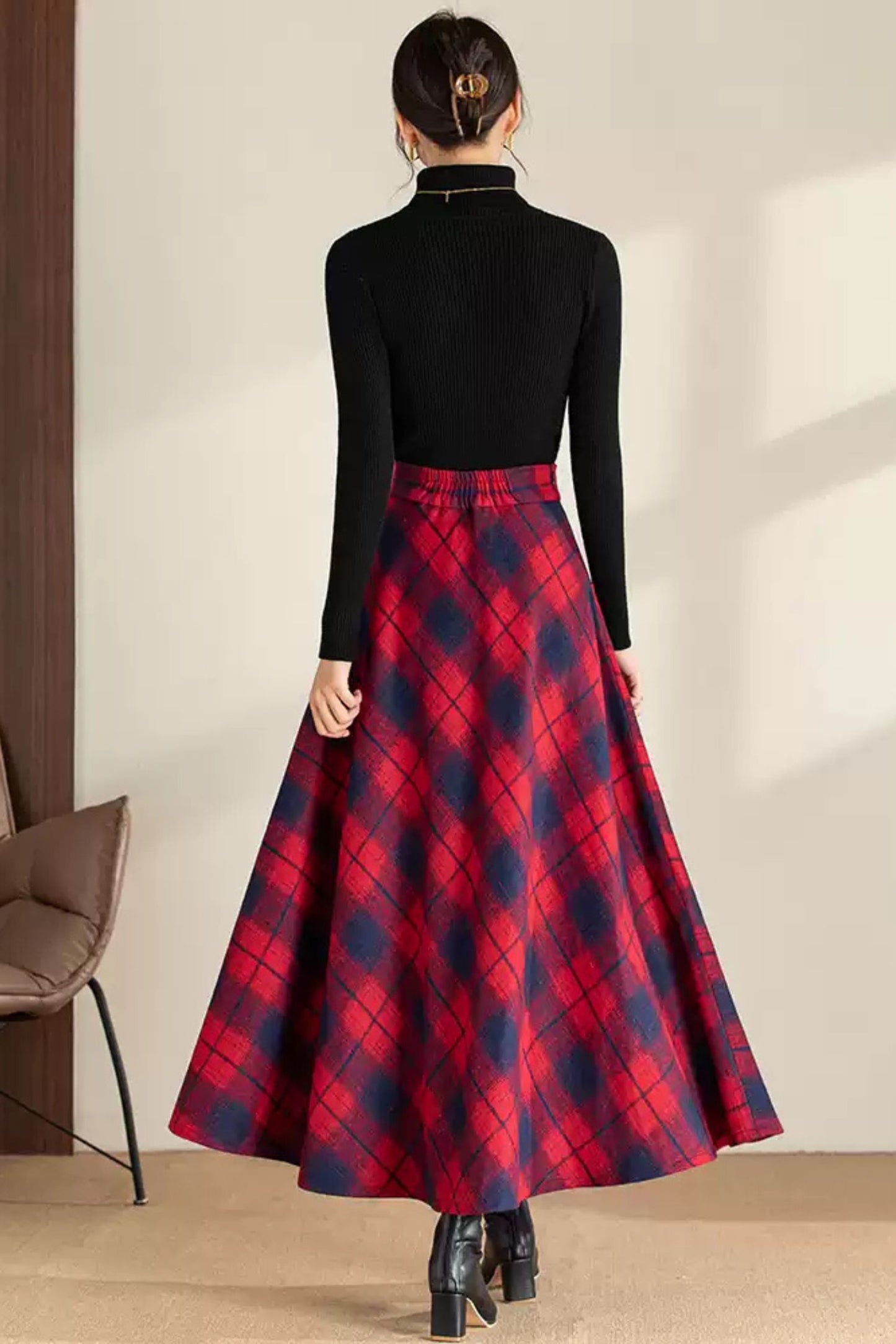 Maxi plaid winter long wool skirt 6200