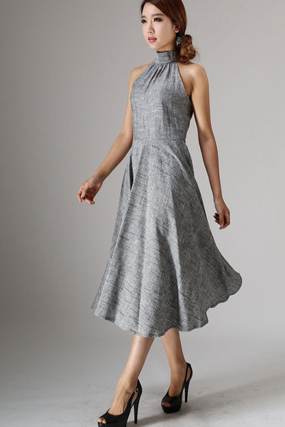Sleeveless gray midi summer linen dress 988