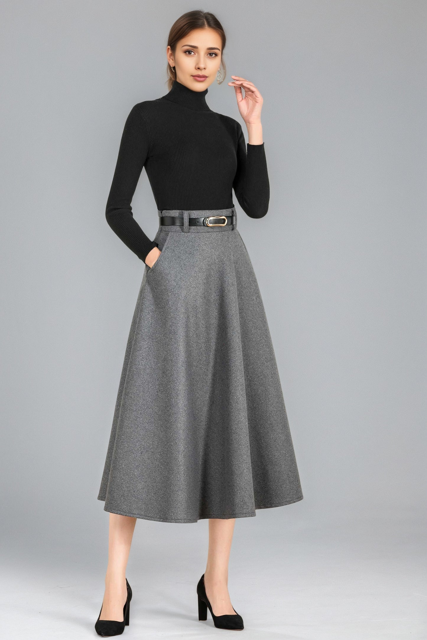 Classic A-Line Skirt in Gray Wool – High-Waist Belted Midi – 6354