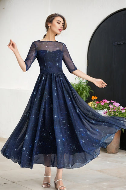 Summer Women Blue Starry Sky Swing Chiffon Midi Dress 2353#