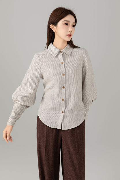 Striped Linen Shirt - Puff Sleeve Button Front | Xiaolizi 6544