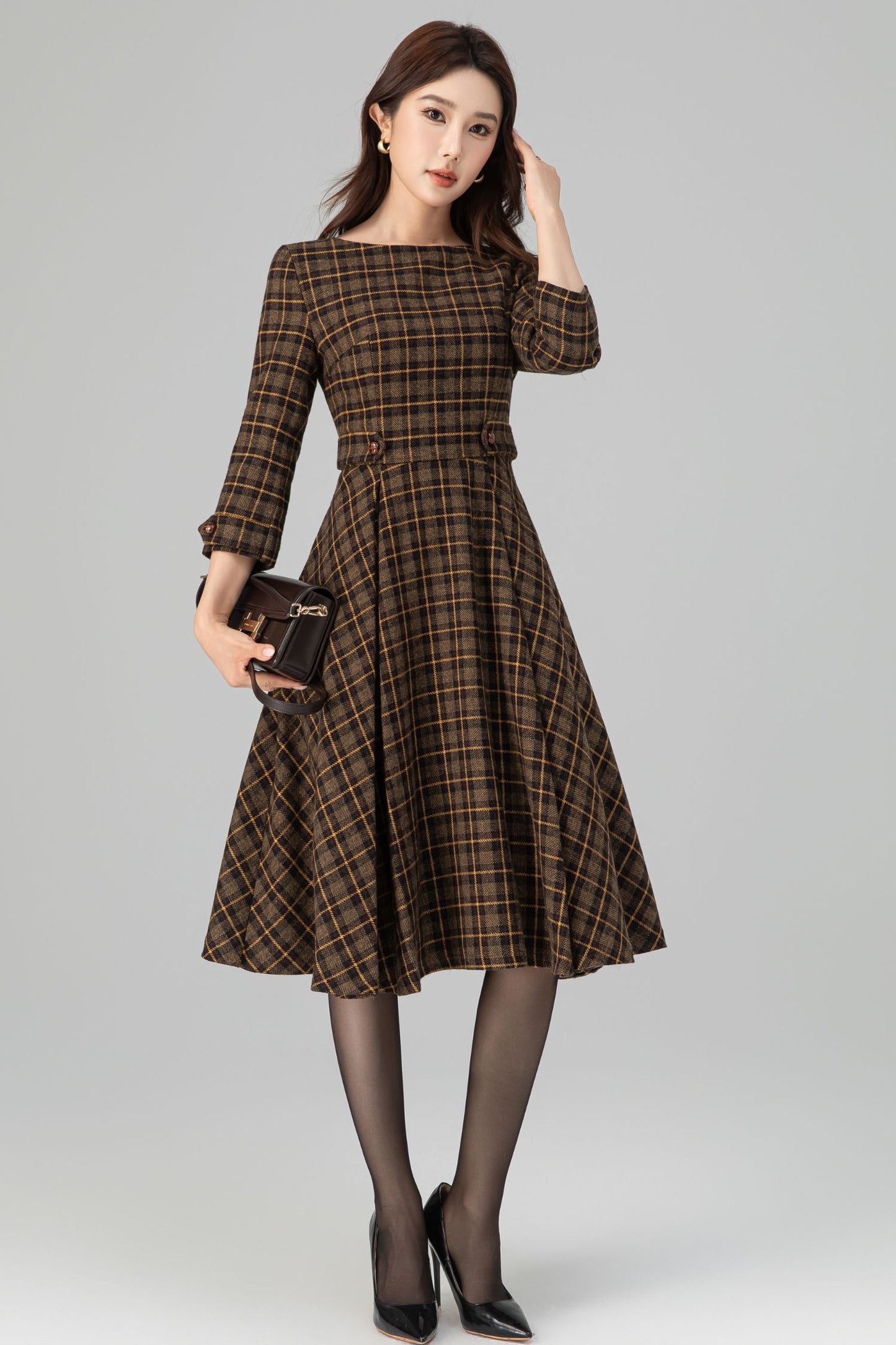 Brown Plaid Wool Dress – Vintage Fit & Flare Midi with 3/4 Sleeves | Xiaolizi 6393