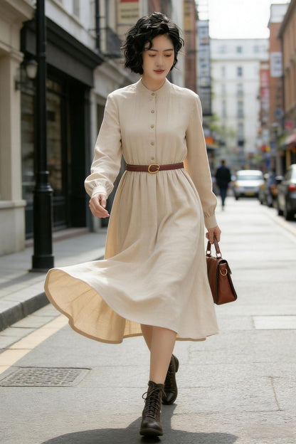 Timeless Beige Linen Midi Dress – Button Front with Stand Collar | Xiaolizi 6772