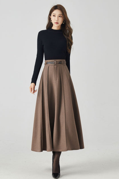 Handmade Wool Pleated Midi Skirt – High Waist Brown Winter Skirt | Xiaolizi 5250