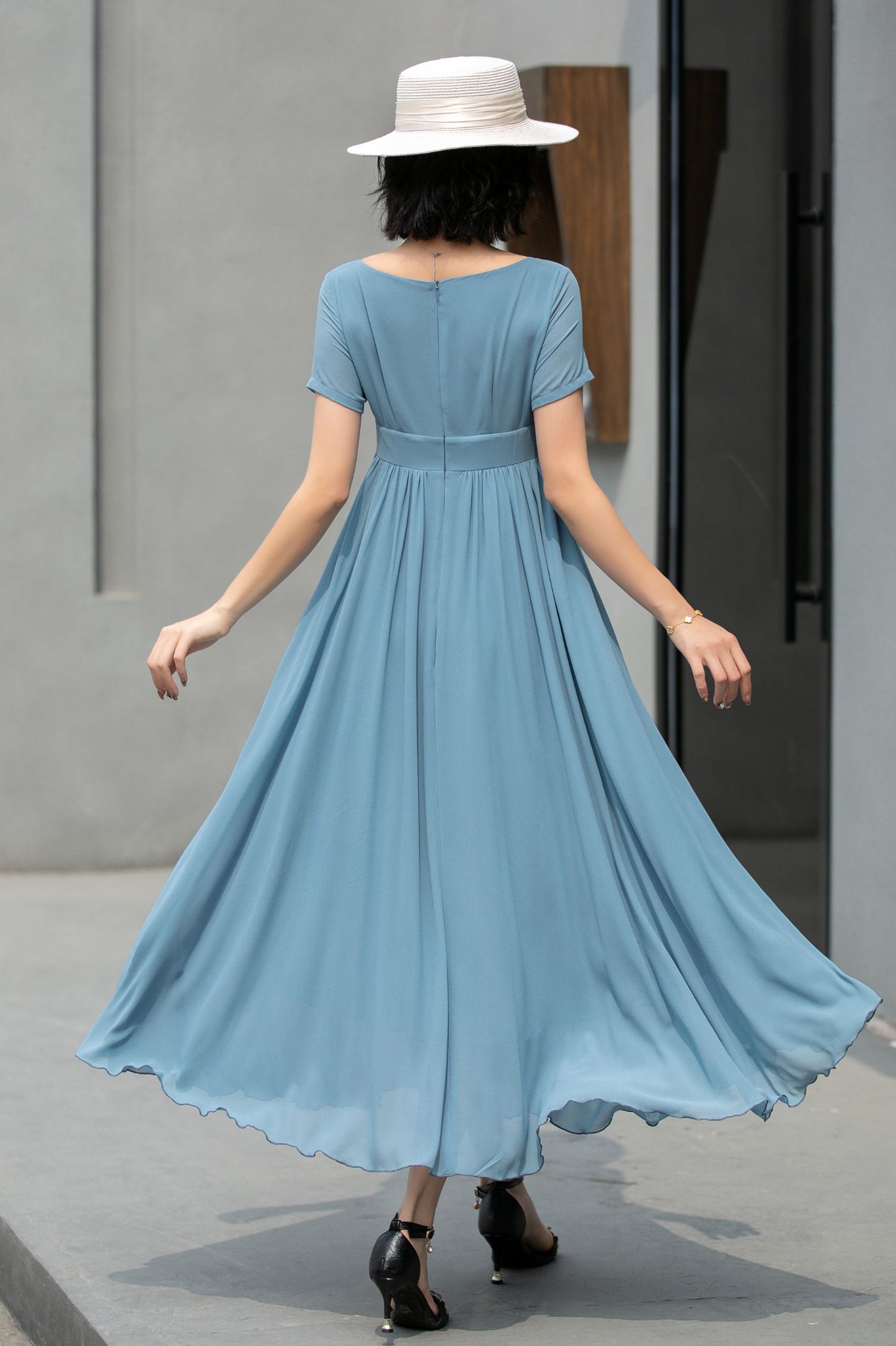 Hight waist Blue chiffon maxi dress 5862