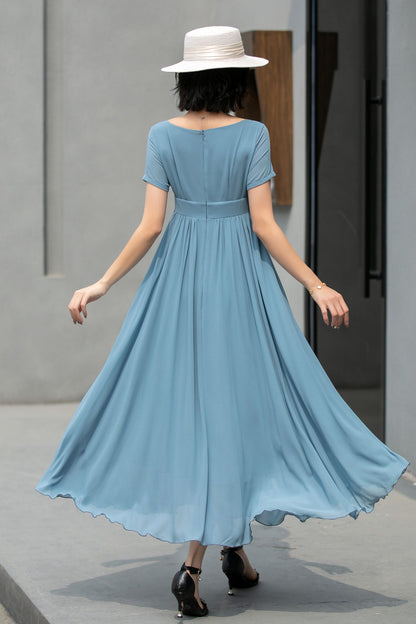 Hight waist Blue chiffon maxi dress 5862