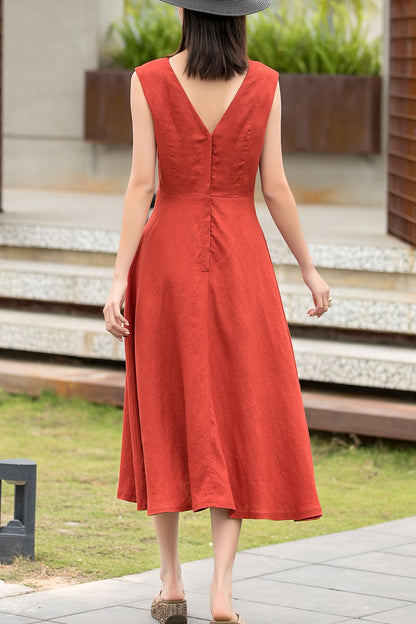 Orange sleeveless summer midi linen dress 2741
