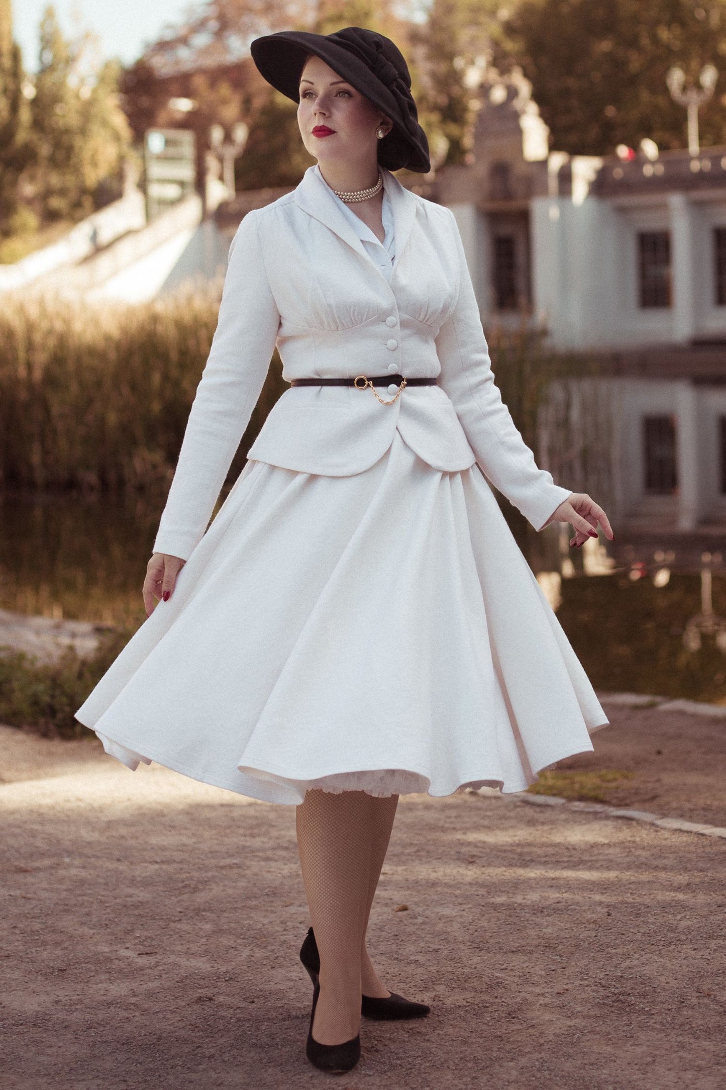 White Wool Two Piece Set – Handmade Vintage Tailored Blazer and Midi Skirt Suit for Women 6540
