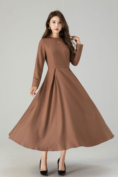 Dark Green Wool Midi Dress - Swing Silhouette with Detachable Cape 4560