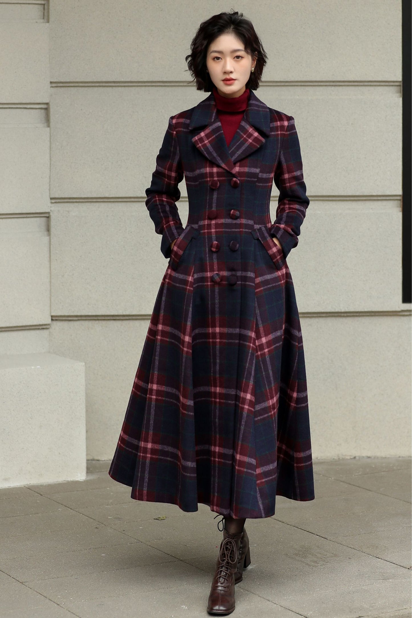 Plaid Wool Swing Coat – Vintage 1950s Double Breasted Long Overcoat 6536