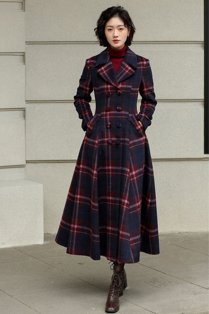 Plaid Wool Swing Coat – Vintage 1950s Double Breasted Long Overcoat 6536