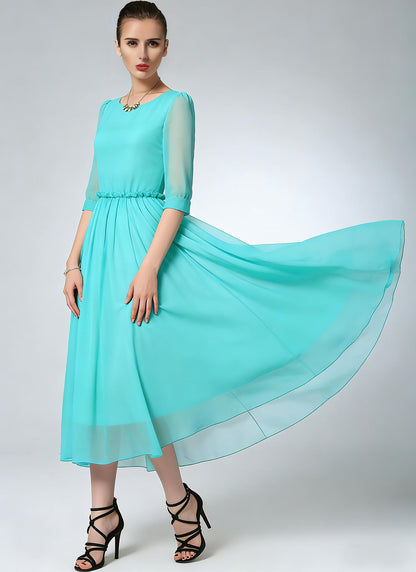 Blue Chiffon Midi Dress – Ruffle Waist Elegance | Xiaolizi 6783