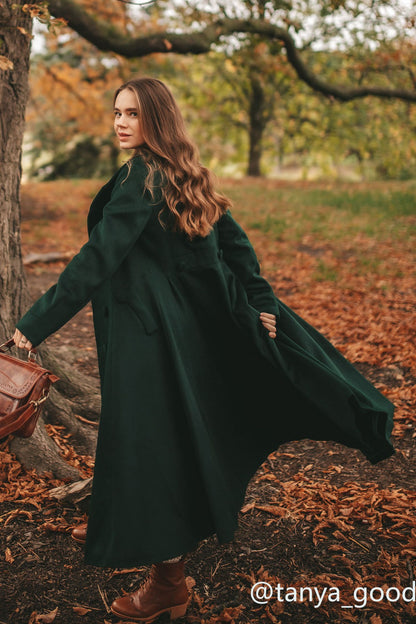 Army Green Wool Maxi Coat - Pleated Flare Double Breasted 3160