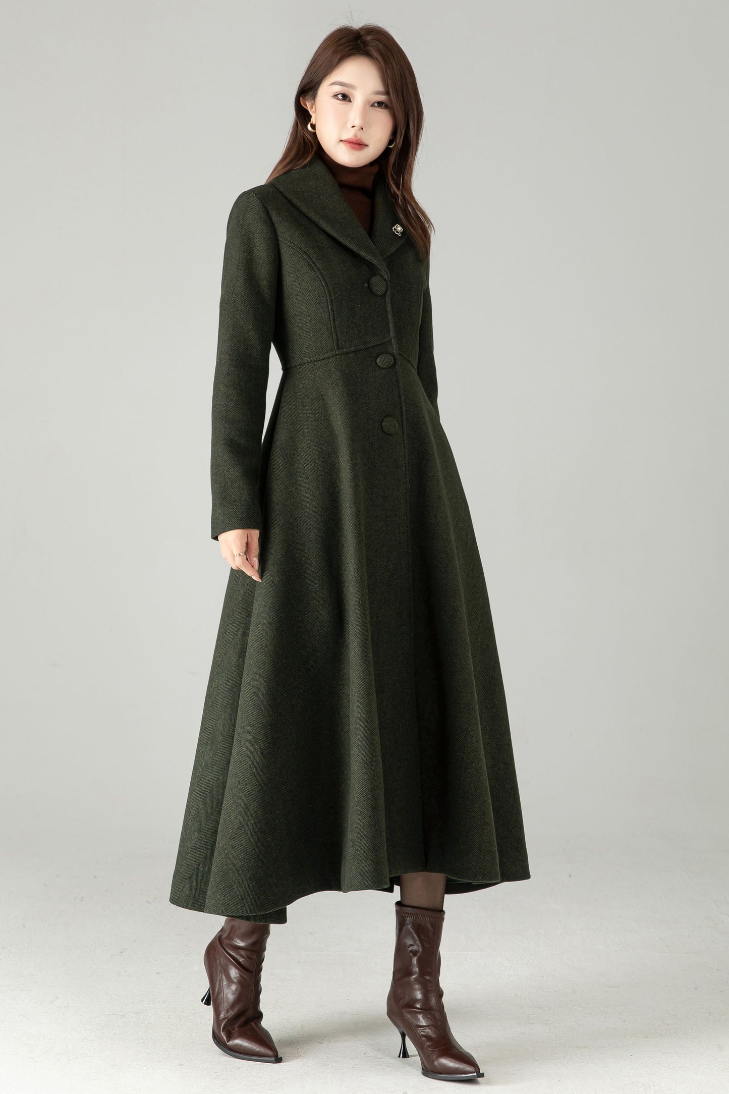 Army Green Herringbone Wool Coat – Elegant A-Line Maxi Winter Coat | Xiaolizi 6574