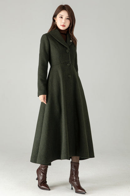 Army Green Herringbone Wool Coat – Elegant A-Line Maxi Winter Coat | Xiaolizi 6574