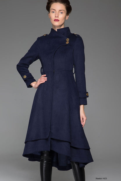 Navy Wool Coat - Asymmetrical Hem & Stand Collar 1423