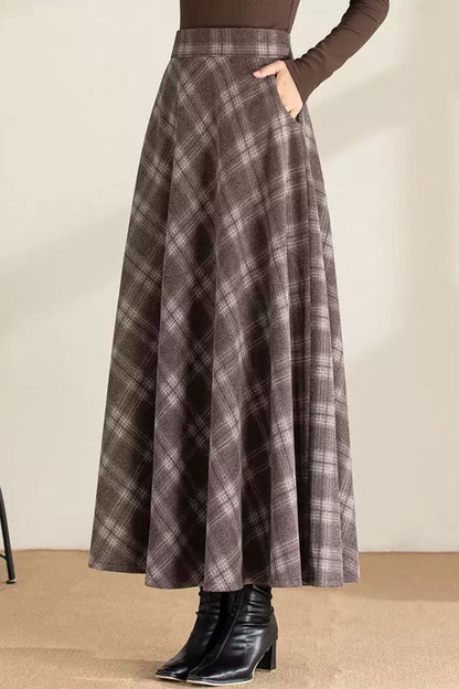 Plaid Wool Maxi Skirt - High Waist A-Line | Xiaolizi 6201