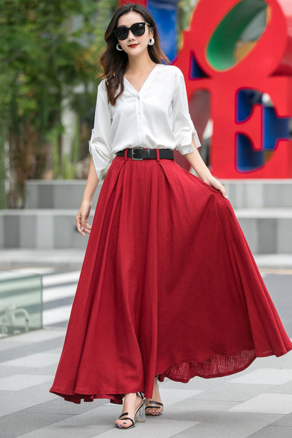 High Waisted A Line Swing Red Maxi Skirt 3537