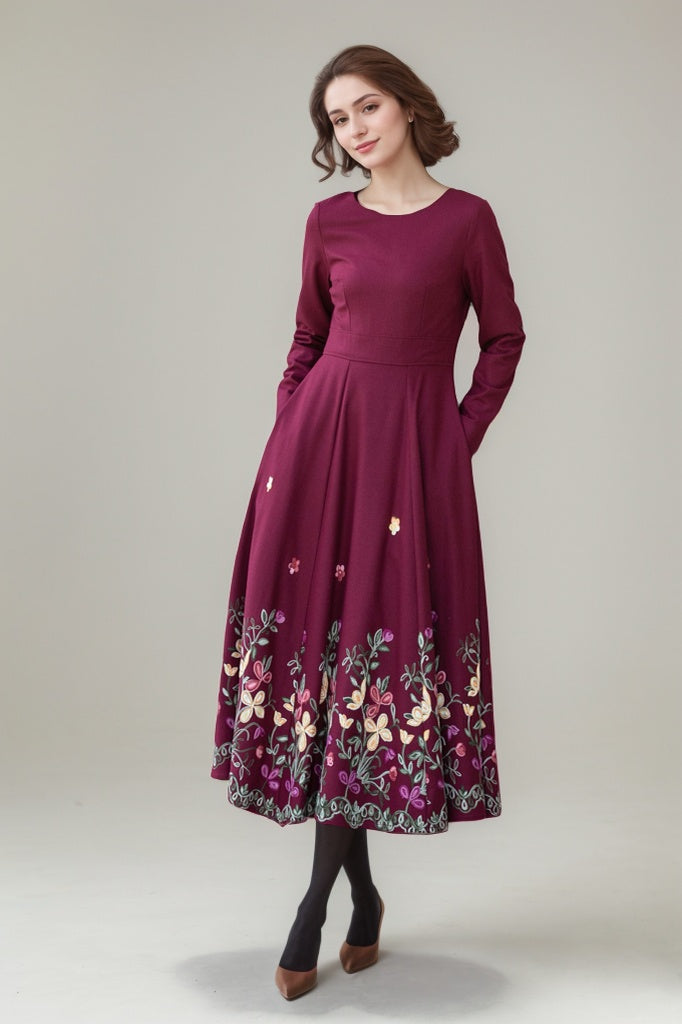 Embroidered burgundy fit and flare wool dress 5307