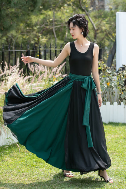 Black and Emerald Green Chiffon Maxi Skirt | Xiaolizi 6741