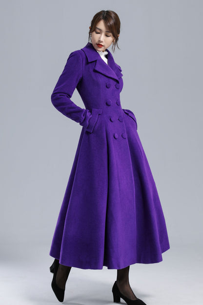 Purple Wool Coat - Vintage Double-Breasted Fit-and-Flare Overcoat 3237