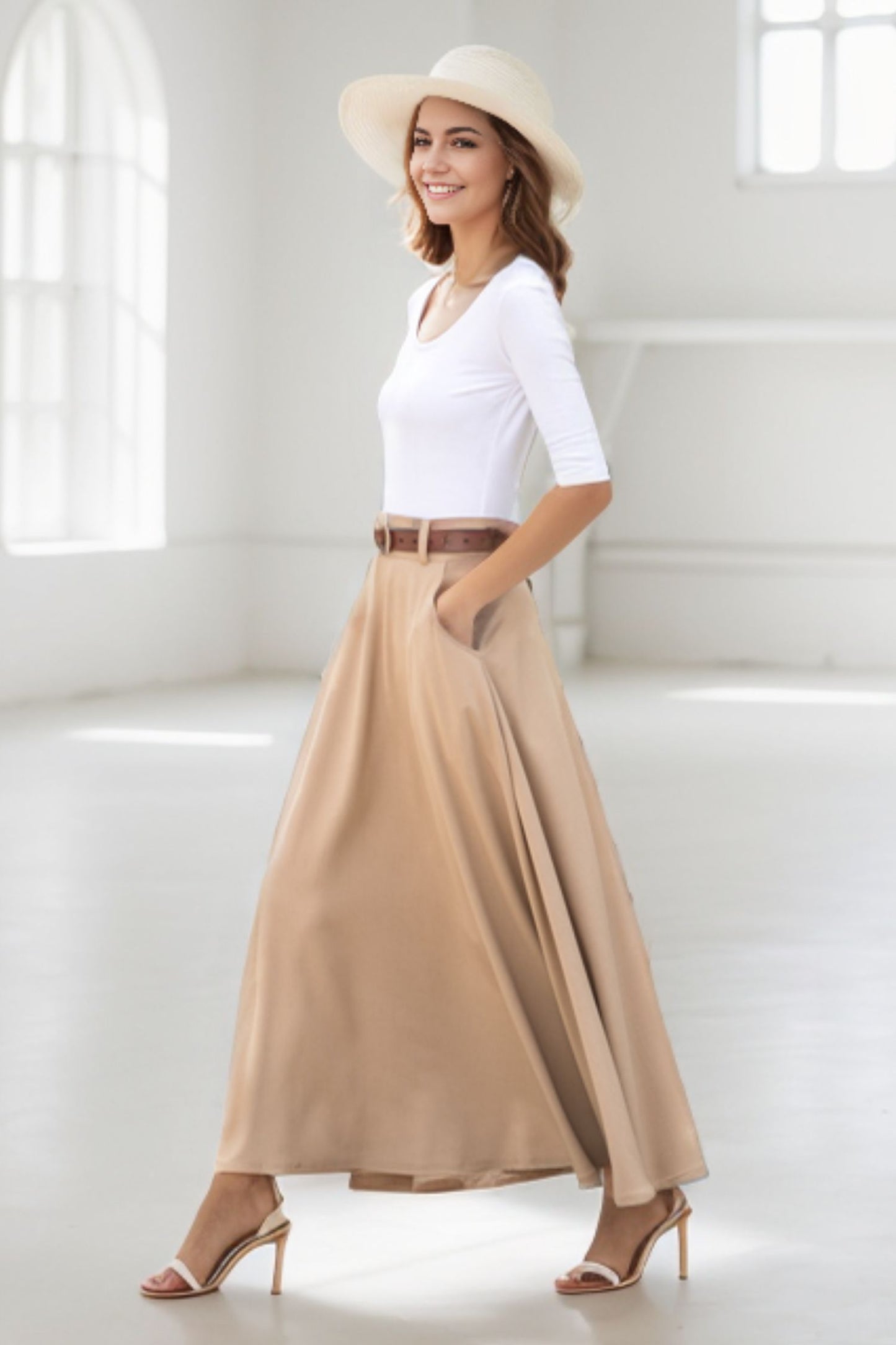 Khaki A line Swing Linen Maxi Skirt with Pockets  2780