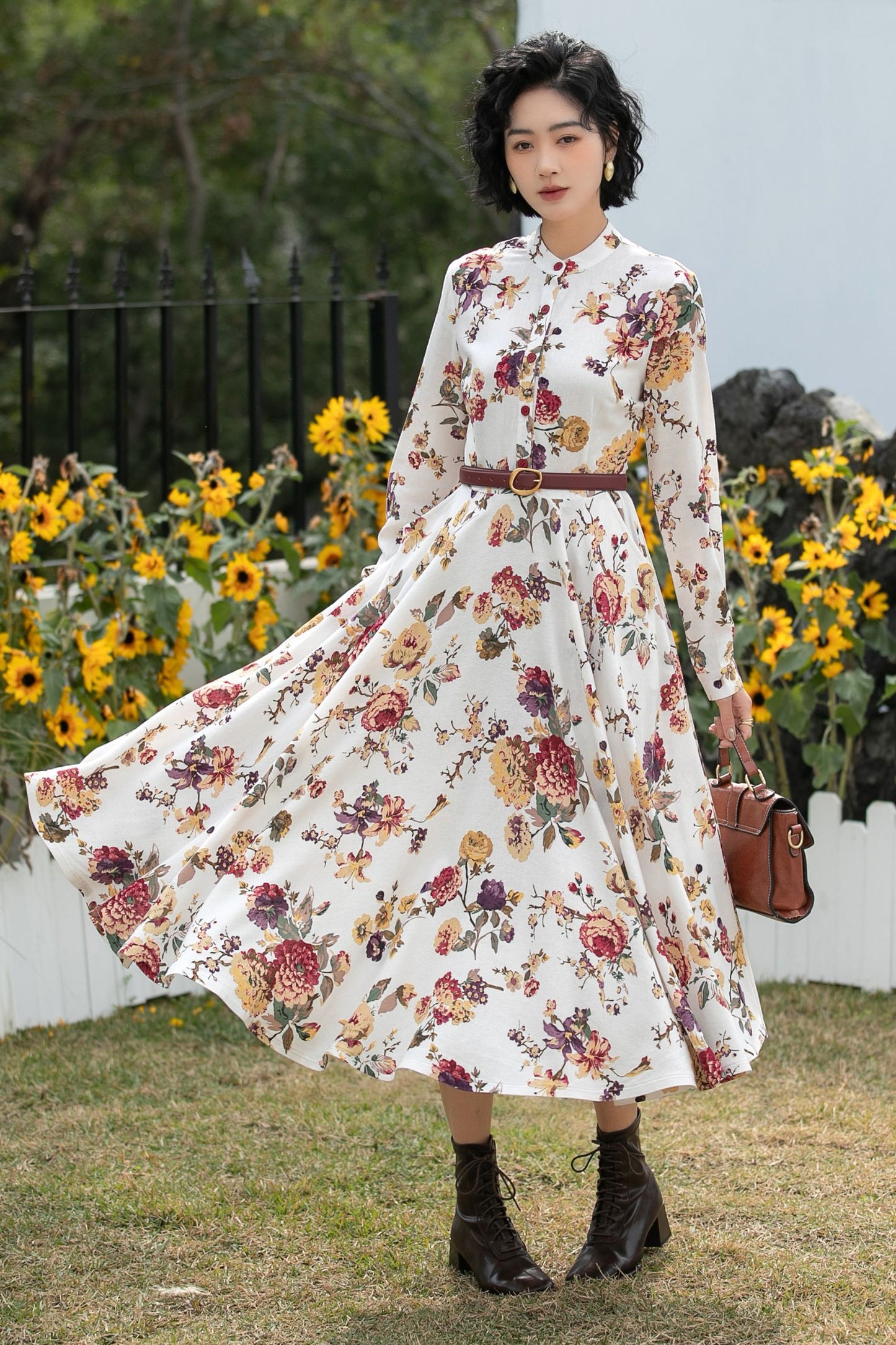 Xiaolizi Floral Linen Midi Dress – Vintage Mandarin Collar Shirt Dress 6691