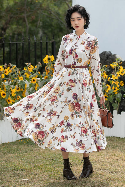 Xiaolizi Floral Linen Midi Dress – Vintage Mandarin Collar Shirt Dress 6691