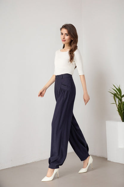Navy loose fitting wide leg linen pants Handmade by Xiaolizi 5914