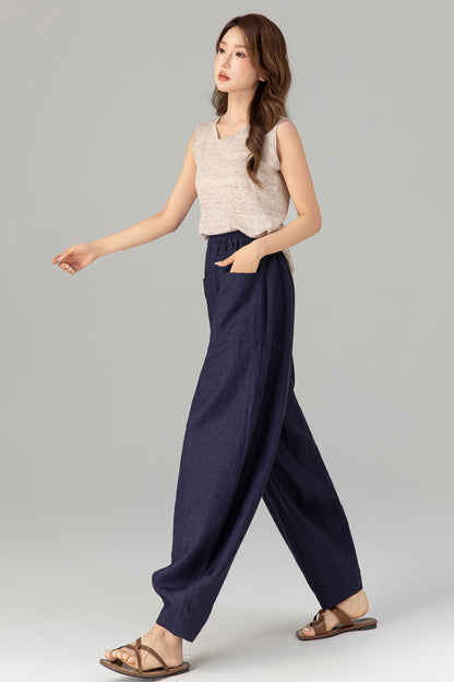 Navy Linen Cotton Wide Leg Pants - Lantern Silhouette with Pockets 4907