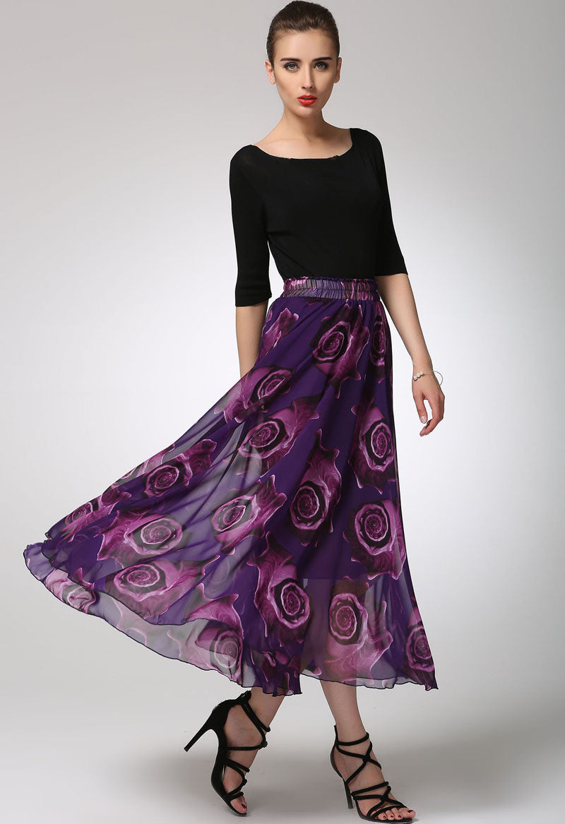 Vintage-Inspired Purple Print Chiffon Skirt with Elastic Waist 1297