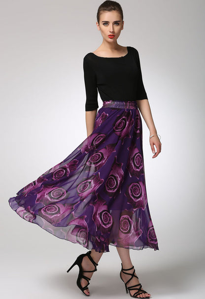 Vintage-Inspired Purple Print Chiffon Skirt with Elastic Waist 1297