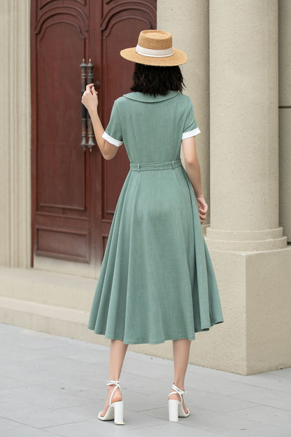 Green Linen Cotton Midi Dress – Vintage Belted Summer Shirt Dress 5148