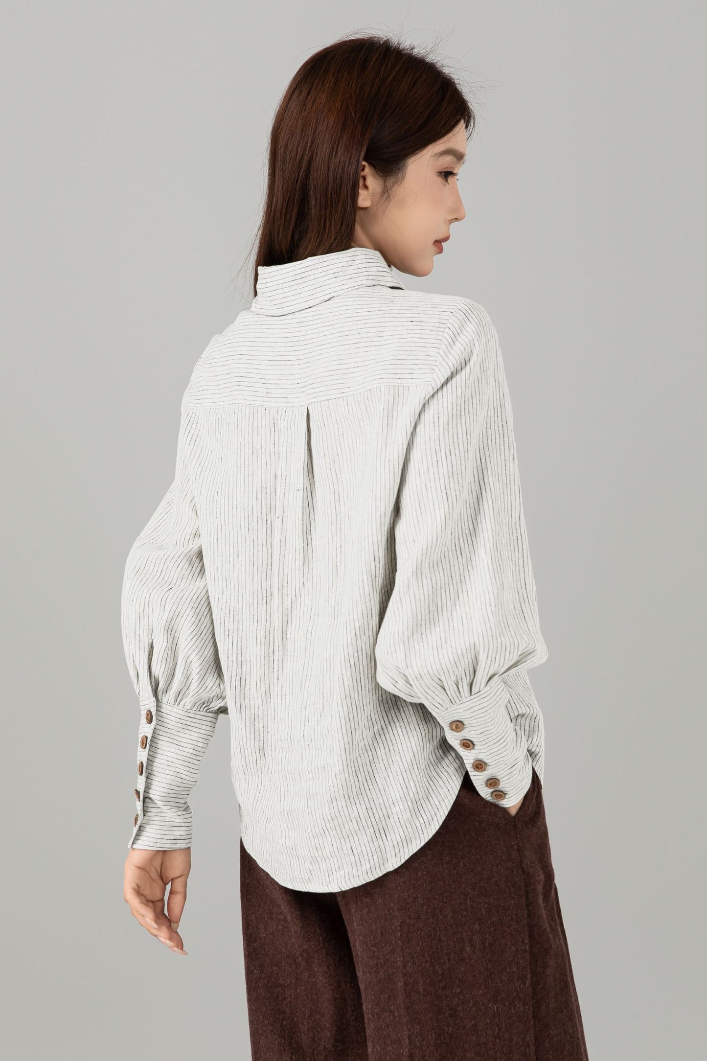 Striped Linen Blouse - Button Down Puff Sleeve | Xiaolizi 6755