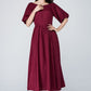 Burgundy midi summer womens linen dress 1573