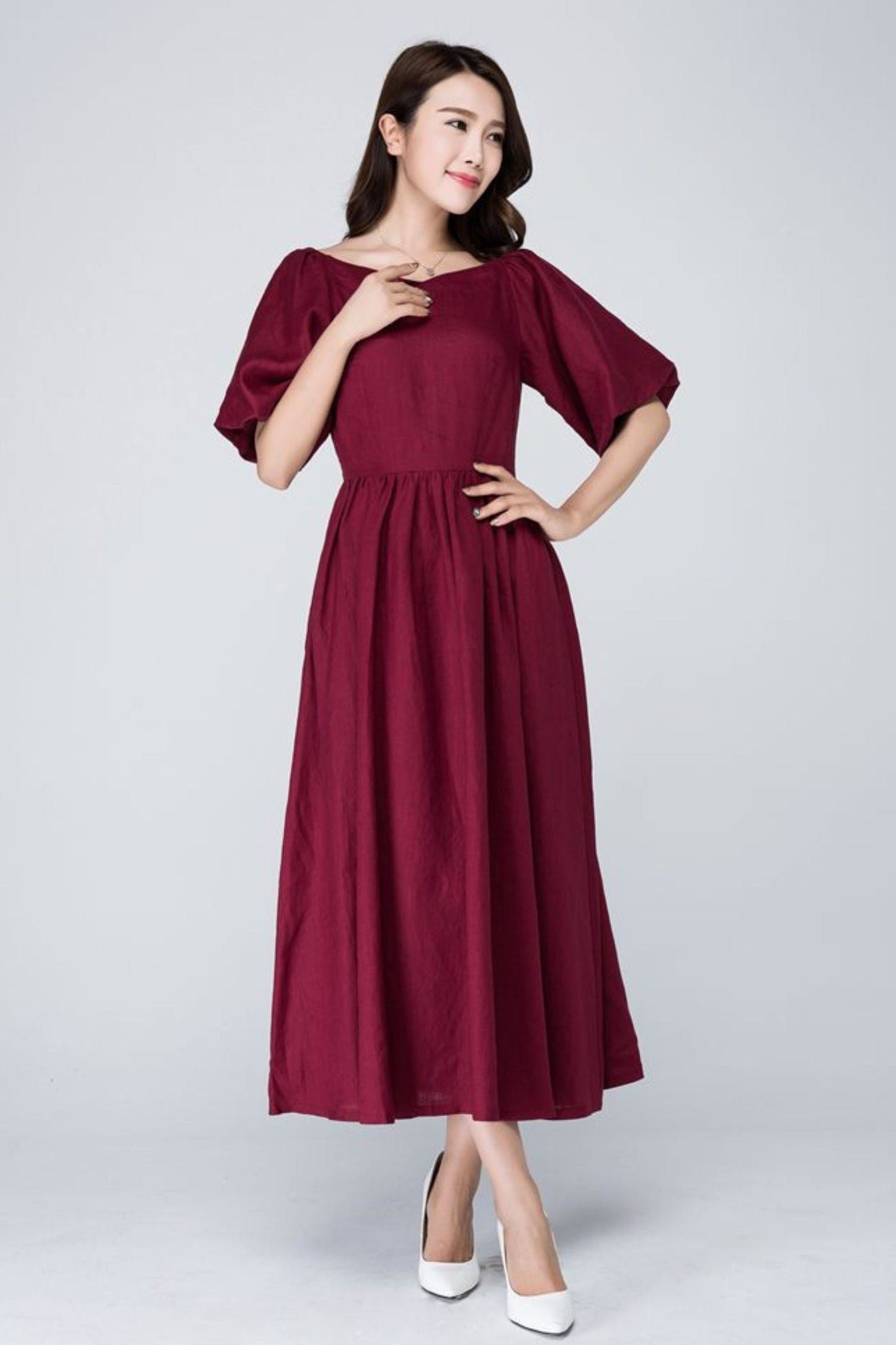 Burgundy midi summer womens linen dress 1573