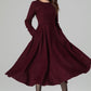 Burgundy Wool Dress – Handmade Long Sleeve Fit & Flare Winter Midi | Xiaolizi 6392