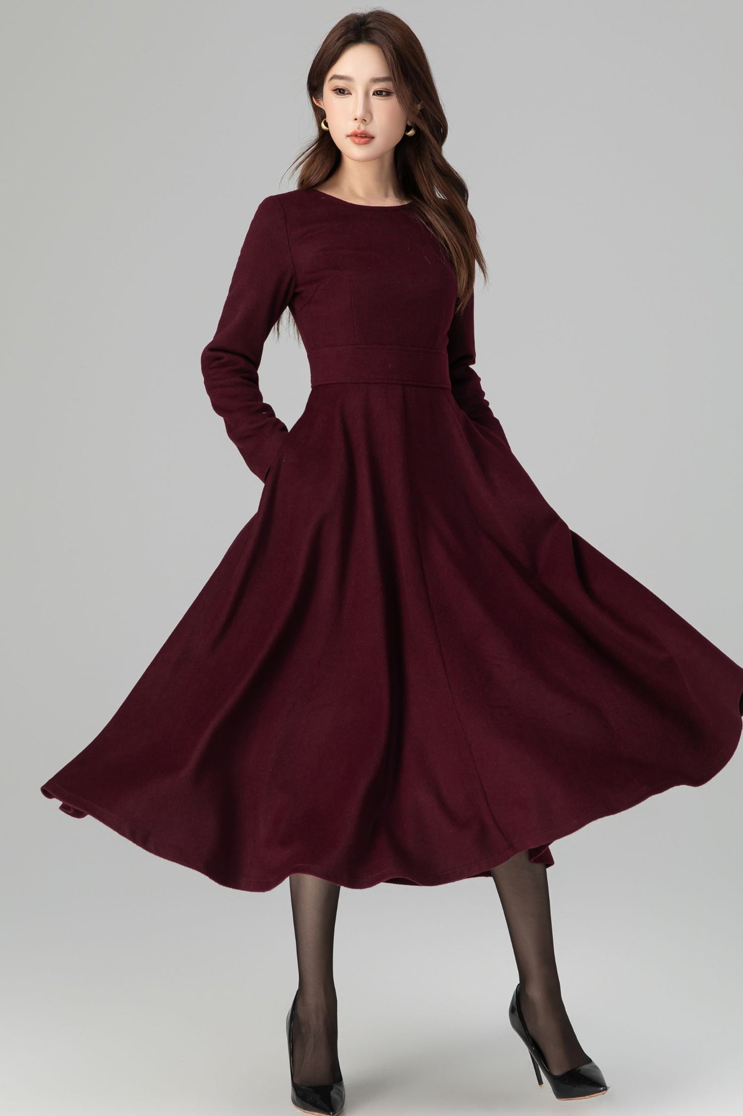 Burgundy Wool Dress – Handmade Long Sleeve Fit & Flare Winter Midi | Xiaolizi 6392