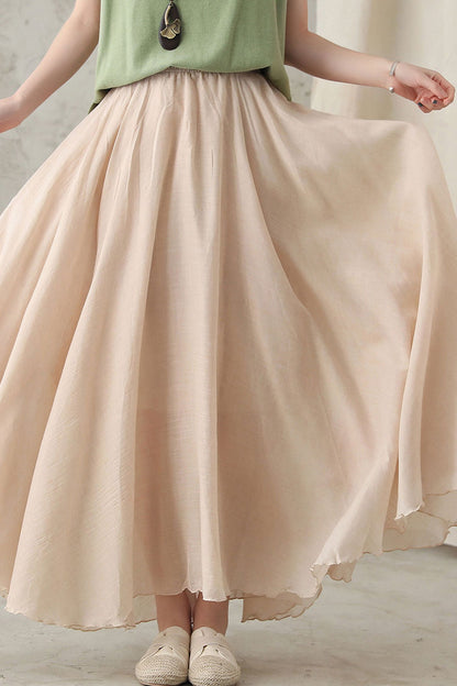 Handmade Linen Maxi Skirt Beige – High-Waist Flowy Circle Hem – 2820