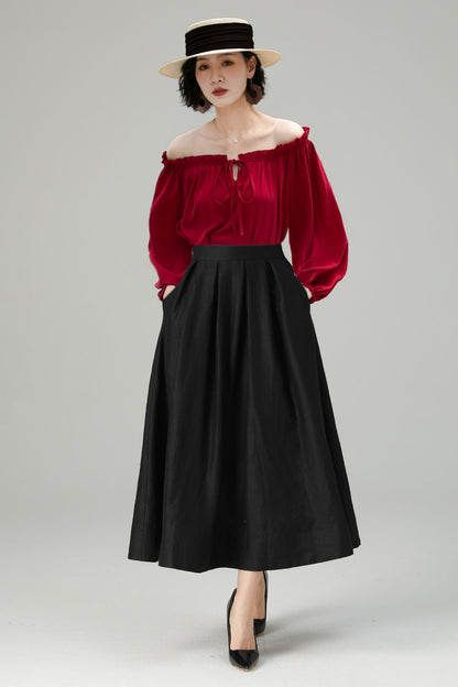 Black Linen Midi Skirt - High Waist A-Line | Xiaolizi 6716