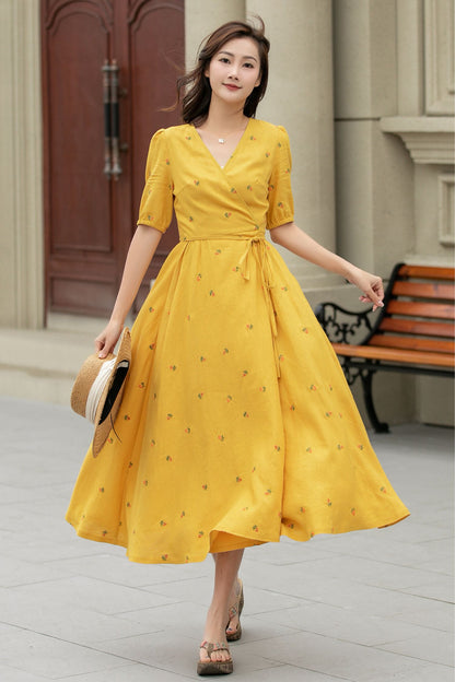 Yellow Cotton Linen Wrap Midi Dress - Floral Embroidery V-Neck | Xiaolizi 4947