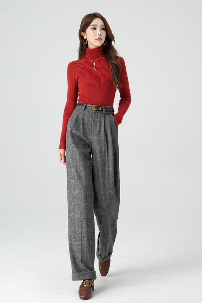 Gray Wool Wide Leg Pants – Vintage High Waist Winter Trousers with Pockets 5320