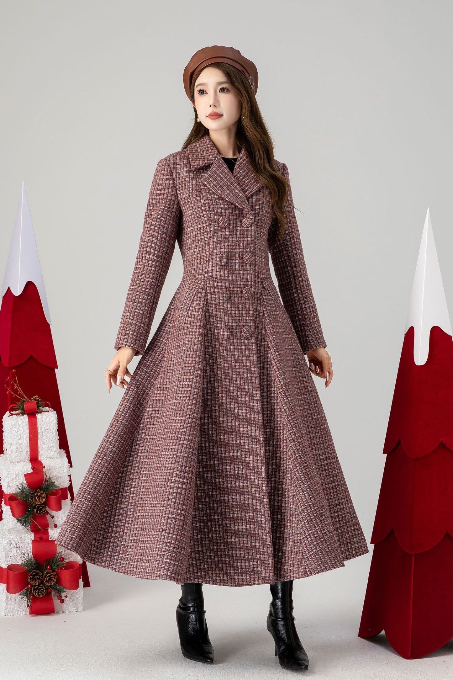 Vintage inspired plaid long wool coat 4614