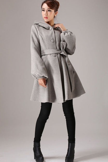 Gray Wool Coat with Lantern Sleeves - Hooded, Self Tie Belt Waist 759